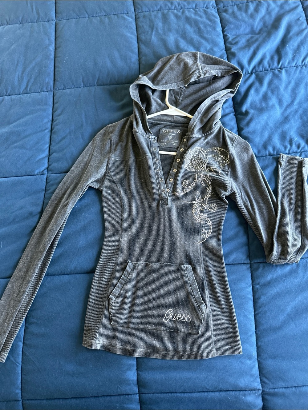 GUESS Charcoal Gray Hooded Waffle Knit Top with Rhinestone Floral